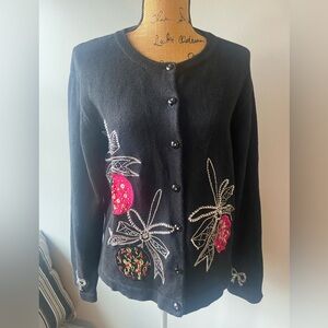Elegant Christmas Black Cardigan with Floral Holiday Embellishments